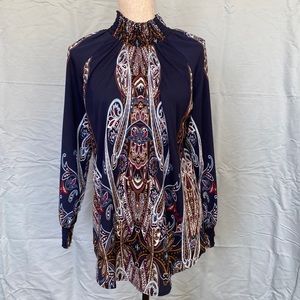 Chicos 01 blue long sleeve turtleneck silky with all kinds of details worn 2X